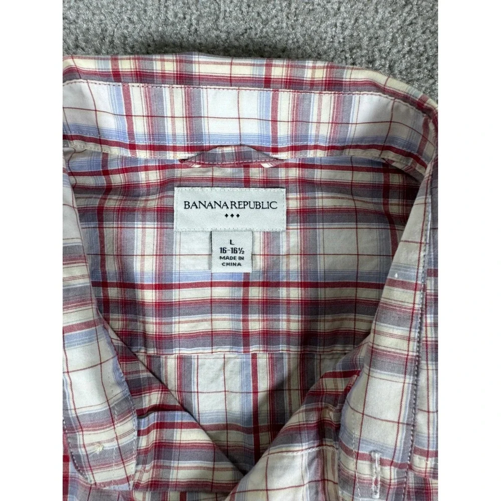 Banana Republic Men Large Plaid Button Down Shirt Red White Blue Roll Tab Cotton